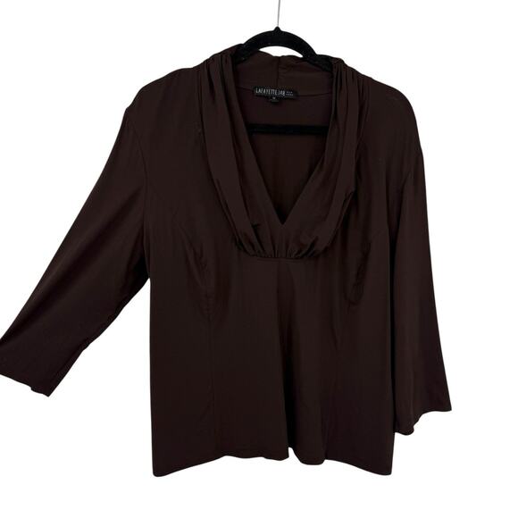 Lafayette 148 New York Brown Slinky Knit Top size 1X pleated V Neck 3/4 Sleeve - Picture 1 of 7